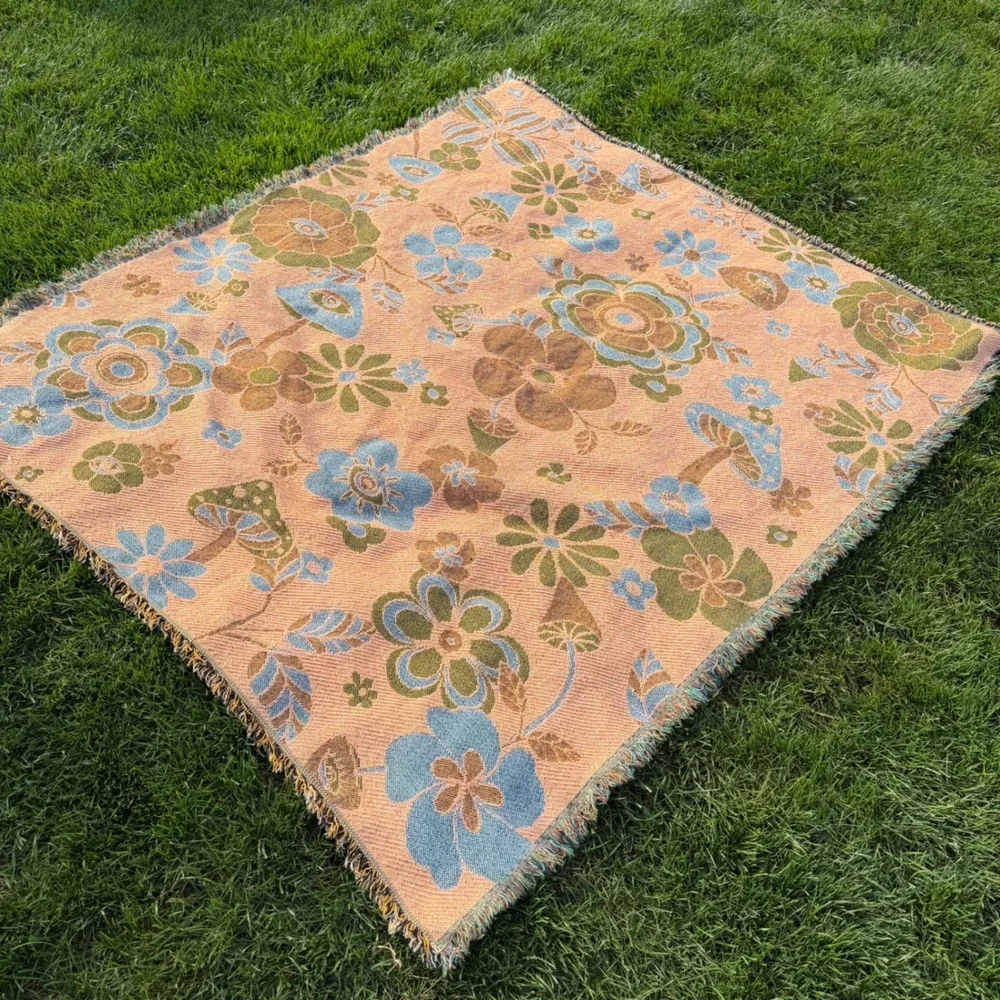 Psychedelic Mushroom Floral Woven Throw Blanket Teal Pink Reversible Boho 50x60